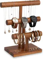 Decorasian Schmuckständer Holz - 3 Etagen Armbandhalter & Uhrenständer aus Akazienholz - Armbandständer für Armreifen, Haargummis & Uhren - Vintage Schmuck Organizer & Display