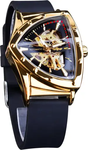 FORSINING Skelettuhr für Herren, automatische mechanische Uhr mit dreieckigem Zifferblatt, leuchtend, selbstaufziehend, Edelstahl-Armband oder weiches Silikon-Armband