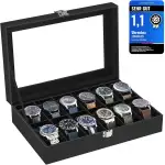 SONGMICS Uhrenbox mit 12 Fächern, Uhrenkasten mit Glasdeckel, Uhrenkoffer mit herausnehmbaren Uhrenkissen, Premium-Uhrenschatulle, PU-Bezug in Schwarz, Samtfutter in Schwarz JWB12B