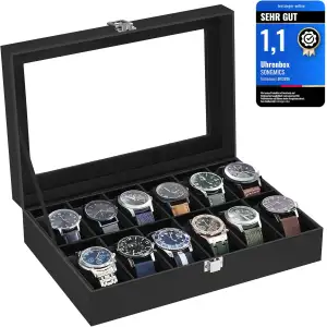 SONGMICS Uhrenbox mit 12 Fächern, Uhrenkasten mit Glasdeckel, Uhrenkoffer mit he