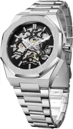 FORSINING Automatikuhr, mechanische Armbanduhr für Herren, achteckig, wasserdicht, modisch, einzigartige Skelettuhren, luxuriöses silbernes Edelstahlband