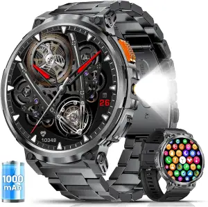 ESFOE Smartwatch Herren Militär mit 1000mAh Akku/LED-Licht,1,85” Großer Smartwat