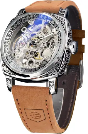 FORSINING Fancy Uhren für Männer, quadratische Retro mechanische Uhr Self-Wind geschnitzt, Gear Uhrwerk Golden Skelett Automatische Uhren Vintage Lederarmband Armbanduhr
