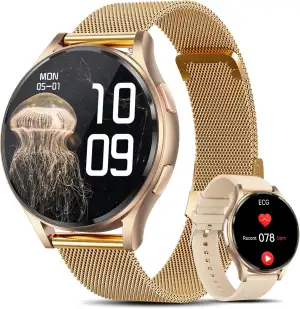 Smartwatch Damen mit EKG+HRV/ΒΙυtｚυcker/ΒΙυtdrυck/BMI/Harnsäure, Rund 1,43" AMOL