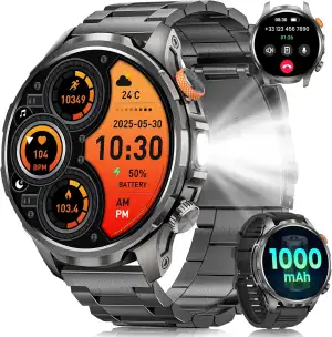 Smartwatch Herren Militär mit 1000mAh Akku, 1,91" AMOLED Armbanduhr, LED Taschen