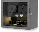 Uhrenbeweger, Schlüsselschloss Uhrenwinder für 4/6/8 Automatikauhren mit 3 Zusätzlichen Speichern, Leiser Motor, 4 Rotationsmodi, Schaumstoff Pad, LED-Licht und Typ-C-Adapter