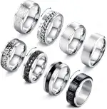 JeryWe 8 Stück Fidget Ring Herren Eheringe Verlobungsring Edelstahl Spinner Ring, Keltischer Knoten, Kette Ringe, Herrenring Set für Männer, Band Herrenringe - Schwarzer/Silber Größe 54-70, 8 mm