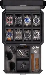 ROTHWELL Uhrenbox aus Echtleder mit 8 Fächern mit ausziehbarer Schublade, Schmuckkasten mit Schloss und Glas für Damen und Herren (Schwarz/Grau)