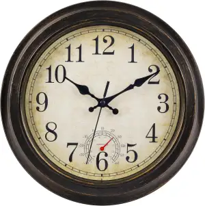 jomparis 30CM Outdoor Wanduhr mit Thermometer Außen wanduhr Wasserdicht und Wetterfest für Garten Terrasse Pool Patio(Bronze)