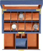 Uhrenbox aus Leder, 10 Fächer, Luxus-Uhrenetui mit Schublade, abschließbarer Schmuck-Uhrenhalter mit großer Glasdeckel (Blau/Hellbraun)